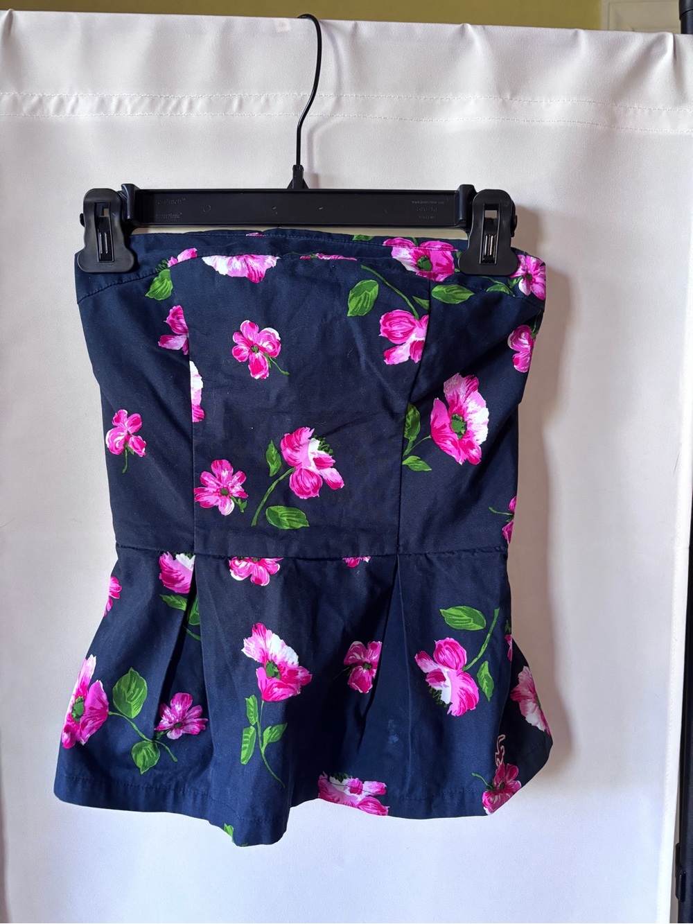 Vintage Y2K Hollister Strapless Navy Floral Peplum Top - Pink & Green Flowers